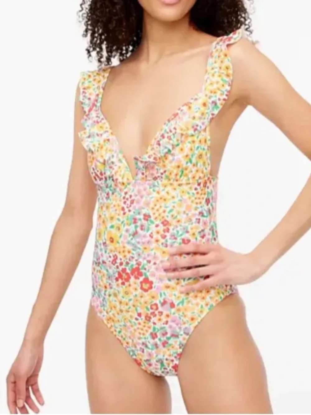 J. Crew Ruffle Shoulder V Neck One Piece Swimsuit Size M Clementine Floral Print